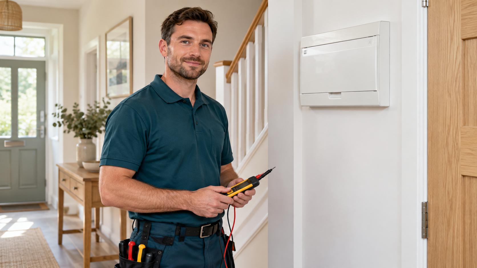 Electrician with testing equipment beside a consumer unit in a bright home