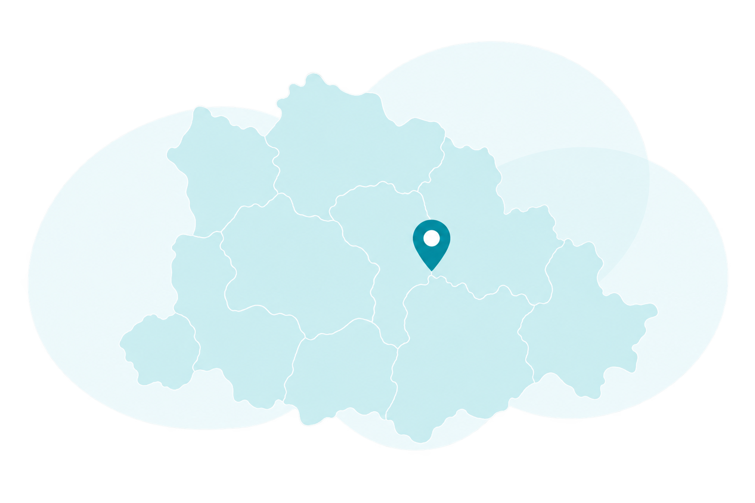 Soft aqua regional map illustration with a turquoise pin; coverage confirmed by postcode